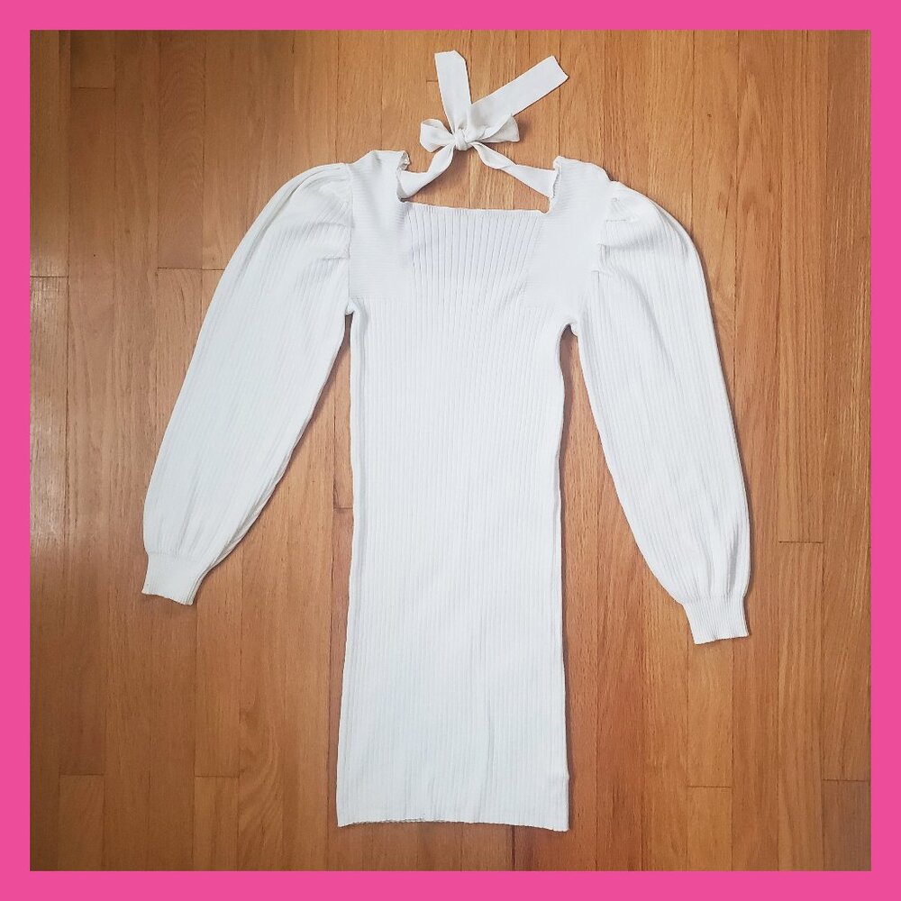 Sweater Dress Bodycon Knee Length Ribbed Knitted Balloon Long Sleeves White - S